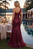 Sparkly One Shoulder Burgundy Mermaid Sequins Long Ball  Dress with Slit