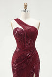 Sparkly One Shoulder Burgundy Mermaid Sequins Long Ball  Dress with Slit