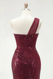 Sparkly One Shoulder Burgundy Mermaid Sequins Long Ball  Dress with Slit