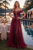 Sparkly A-Line Off the Shoulder Burgundy Sequins Long Ball Dress
