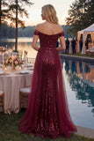 Sparkly A-Line Off the Shoulder Burgundy Sequins Long Ball Dress