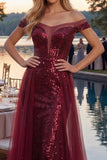 Sparkly A-Line Off the Shoulder Burgundy Sequins Long Ball Dress