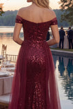 Sparkly A-Line Off the Shoulder Burgundy Sequins Long Ball Dress