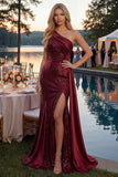 Sparkly Burgundy Mermaid One Shoulder Sequins Long Ball Dress with Slit