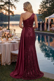 Sparkly Burgundy Mermaid One Shoulder Sequins Long Ball Dress with Slit