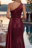 Sparkly Burgundy Mermaid One Shoulder Sequins Long Ball Dress with Slit