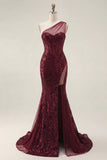 Sparkly Burgundy Sequins Mermaid One Shoulder Long Ball Dress with Slit