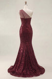 Sparkly Burgundy Sequins Mermaid One Shoulder Long Ball Dress with Slit