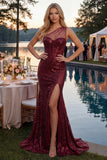 Sparkly Burgundy Sequins Mermaid One Shoulder Long Ball Dress with Slit