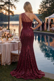 Sparkly Burgundy Sequins Mermaid One Shoulder Long Ball Dress with Slit