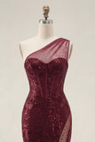 Sparkly Burgundy Sequins Mermaid One Shoulder Long Ball Dress with Slit