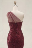Sparkly Burgundy Sequins Mermaid One Shoulder Long Ball Dress with Slit