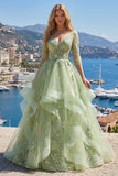 Green A-Line Corset V-Neck Appliqued Long Ball Dress with Ruffles