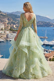Green A-Line Corset V-Neck Appliqued Long Ball Dress with Ruffles