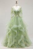 Green A-Line Corset V-Neck Appliqued Long Ball Dress with Ruffles