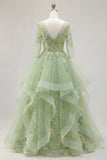 Green A-Line Corset V-Neck Appliqued Long Ball Dress with Ruffles
