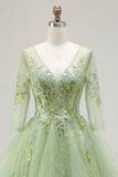 Green A-Line Corset V-Neck Appliqued Long Ball Dress with Ruffles