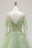 Green A-Line Corset V-Neck Appliqued Long Ball Dress with Ruffles
