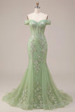 Mermaid Green Off the Shoulder Corset Appliqued Long Ball Dress