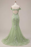 Mermaid Green Off the Shoulder Corset Appliqued Long Ball Dress