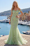 Mermaid Green Off the Shoulder Corset Appliqued Long Ball Dress