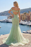 Mermaid Green Off the Shoulder Corset Appliqued Long Ball Dress
