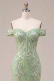 Mermaid Green Off the Shoulder Corset Appliqued Long Ball Dress