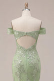 Mermaid Green Off the Shoulder Corset Appliqued Long Ball Dress