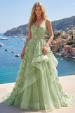Green A-Line Corset V-Neck Appliqued Long Ball Dress with Ruffles