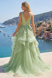 Green A-Line Corset V-Neck Appliqued Long Ball Dress with Ruffles