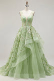 Green A-Line Corset V-Neck Appliqued Long Ball Dress with Ruffles