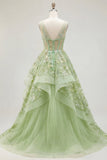 Green A-Line Corset V-Neck Appliqued Long Ball Dress with Ruffles