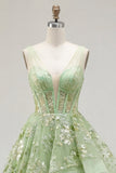 Green A-Line Corset V-Neck Appliqued Long Ball Dress with Ruffles