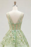 Green A-Line Corset V-Neck Appliqued Long Ball Dress with Ruffles
