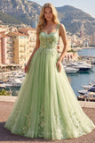 Green A-Line Spaghetti Straps Floral Long Ball Dress with Appliques