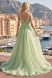 Green A-Line Spaghetti Straps Floral Long Ball Dress with Appliques