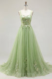Green A-Line Spaghetti Straps Floral Long Ball Dress with Appliques