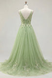 Green A-Line Spaghetti Straps Floral Long Ball Dress with Appliques