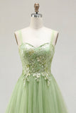 Green A-Line Spaghetti Straps Floral Long Ball Dress with Appliques