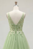 Green A-Line Spaghetti Straps Floral Long Ball Dress with Appliques
