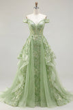 Off the Shoulder Green A-Line Appliqued Corset Floral Long Ball Dress with Ruffles