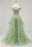 Off the Shoulder Green A-Line Appliqued Corset Floral Long Ball Dress with Ruffles
