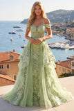 Off the Shoulder Green A-Line Appliqued Corset Floral Long Ball Dress with Ruffles