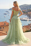 Off the Shoulder Green A-Line Appliqued Corset Floral Long Ball Dress with Ruffles