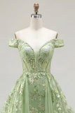 Off the Shoulder Green A-Line Appliqued Corset Floral Long Ball Dress with Ruffles