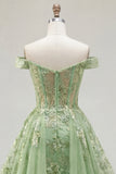 Off the Shoulder Green A-Line Appliqued Corset Floral Long Ball Dress with Ruffles