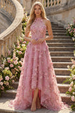 Taro A-Line Halter Neck Corset Long Ball Dress with Appliqued 3D Flowers