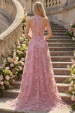 Taro A-Line Halter Neck Corset Long Ball Dress with Appliqued 3D Flowers