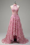 Taro A-Line Halter Neck Corset Long Ball Dress with Appliqued 3D Flowers