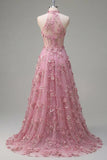 Taro A-Line Halter Neck Corset Long Ball Dress with Appliqued 3D Flowers